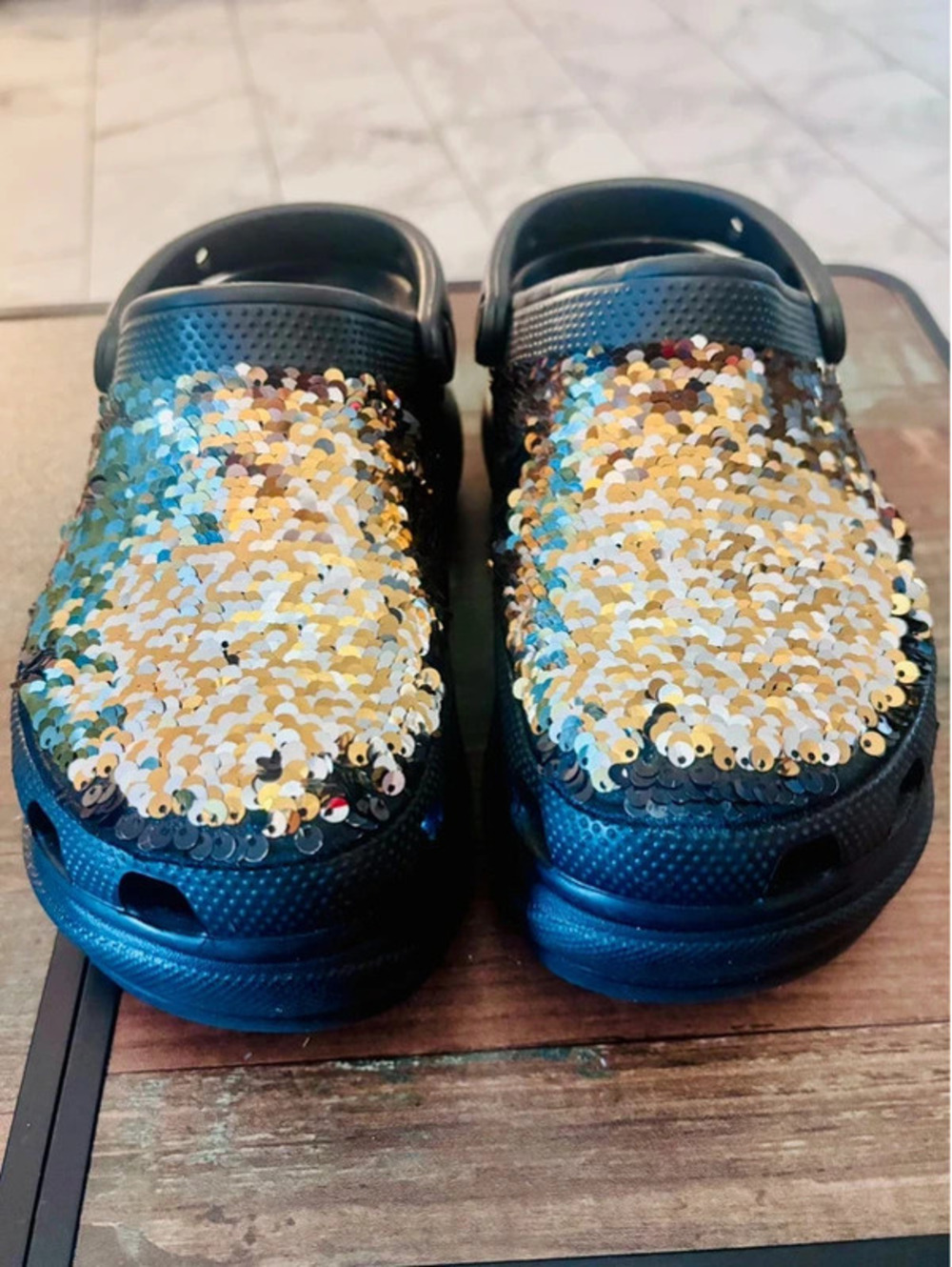 Crocs Platform Flip-Sequin Clogs Black Gold